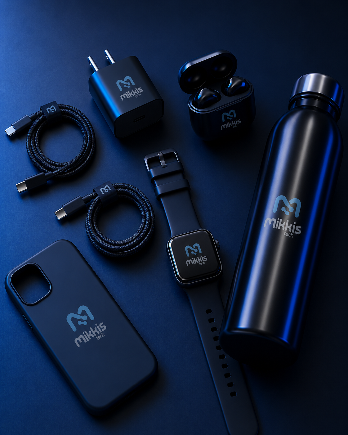 Cabos, carregador, fones, smartwatch, case e garrafa térmica da Mikkis Tech